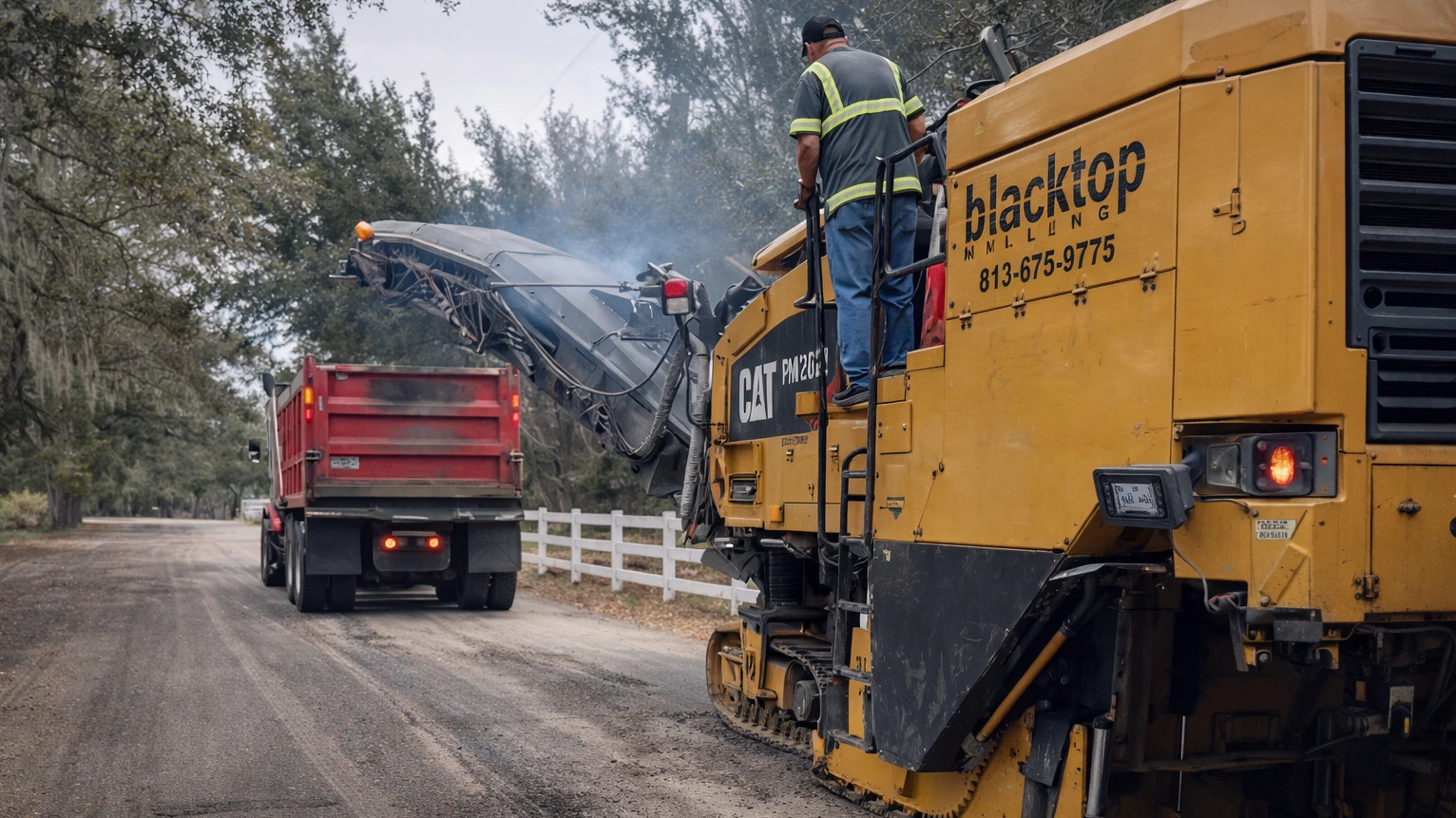 Blacktop Milling CAT PM262 cold planer loading millings into a dump truck at Camp Christina in Riverview, FL
