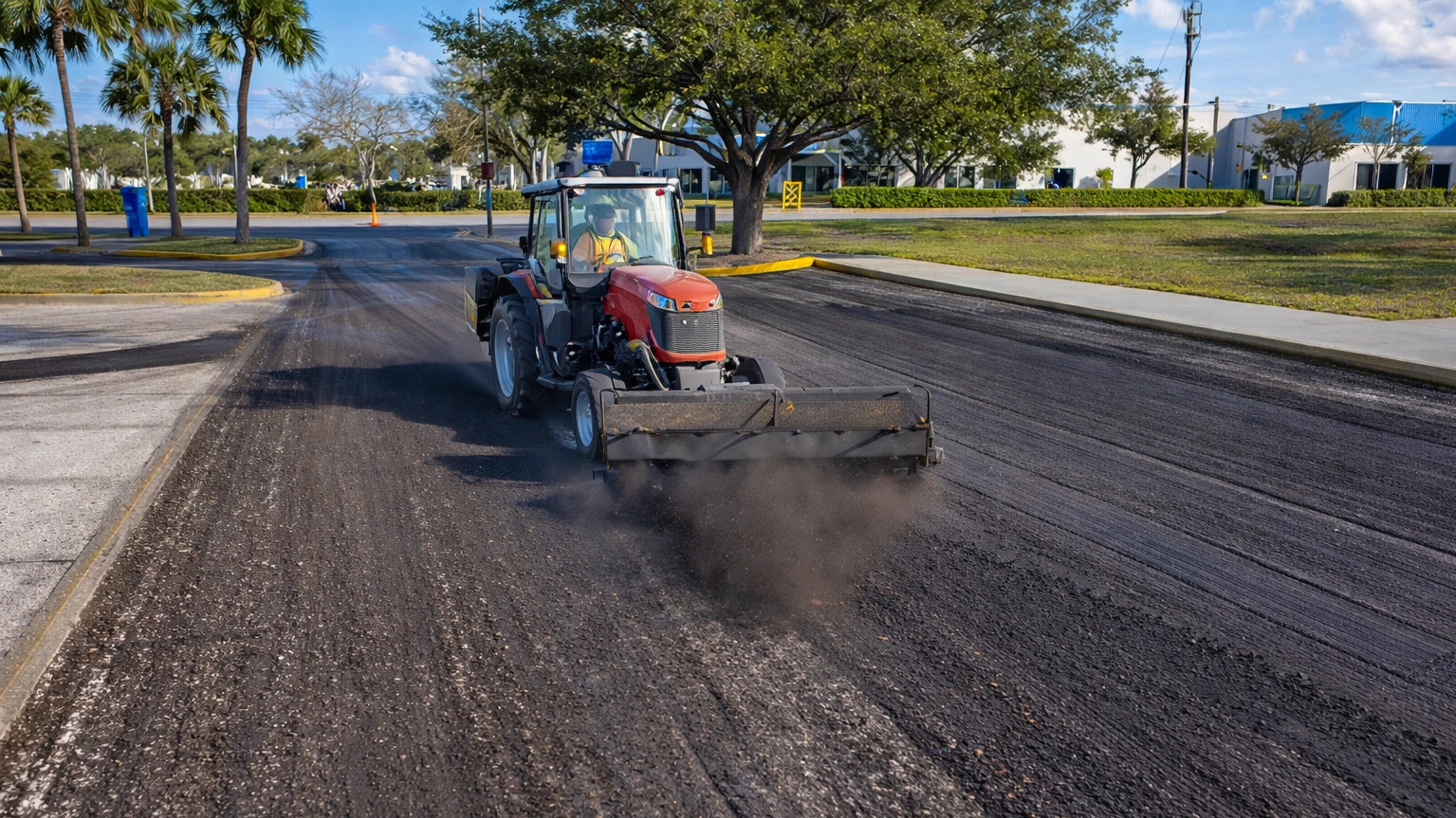 Surface broom clearing milled pavement at the USPS facility in Osprey, FL, preparing for overlay